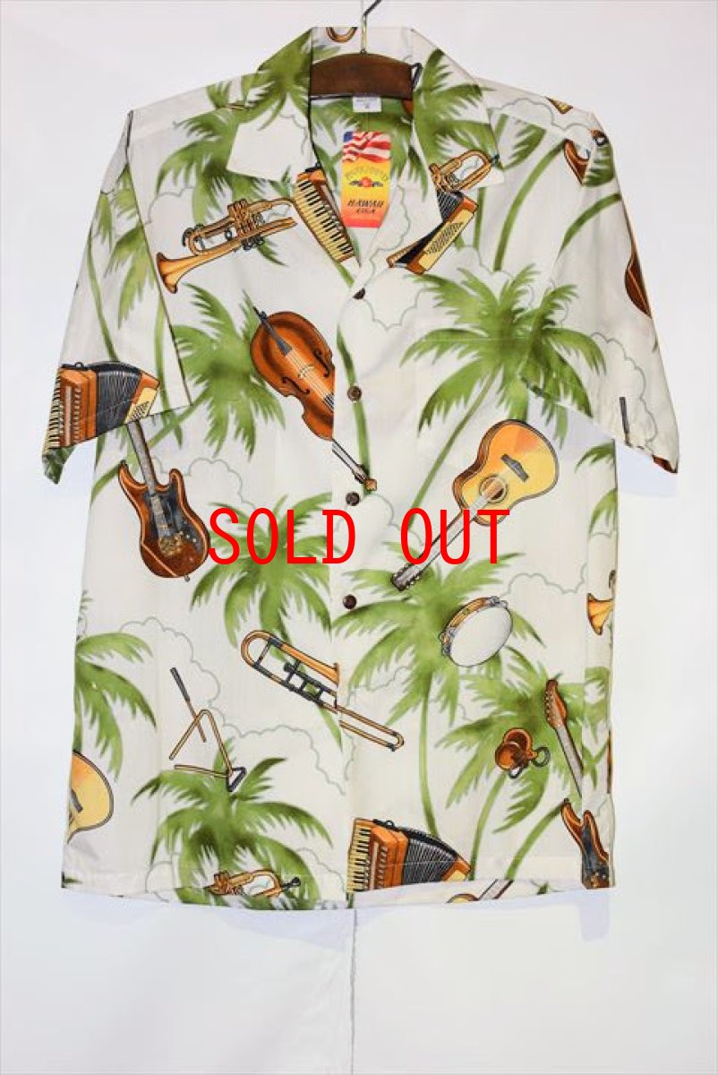 画像1: Pacific legend Aloha Shirts Music Guitter Allover White パシフィック レジェンド アロハ シャツ ギター 柄 (1)