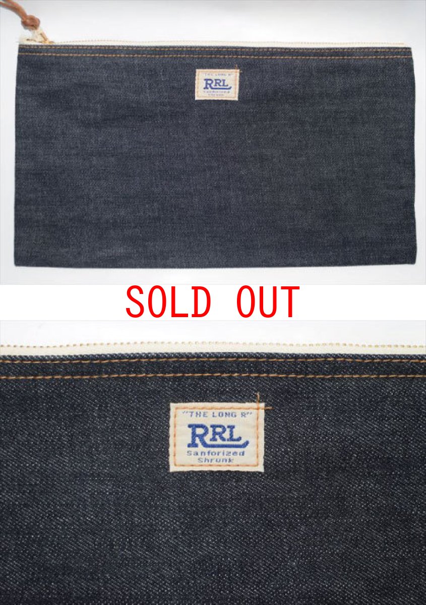 画像1: RRL(ダブルアール)Limited Edition Medium Denim Selvedge Denim Pouch 限定 Long L Tag ミディアム セルビッジ デニム ポーチ Newyork NY レザー ハンドメイド TALON 裏地デニム生地 型押し マチ無し バッグインバッグ TALON ジップ レザー イタリアン アメリカ製  (1)