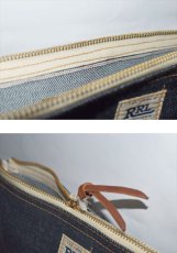 画像3: RRL(ダブルアール)Limited Edition Medium Denim Selvedge Denim Pouch 限定 Long L Tag ミディアム セルビッジ デニム ポーチ Newyork NY レザー ハンドメイド TALON 裏地デニム生地 型押し マチ無し バッグインバッグ TALON ジップ レザー イタリアン アメリカ製  (3)