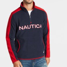 画像1: 1/4 Zip Logo Line Fleece Mock Neck Navy Red ワンポイント 袖ライン フリース (1)