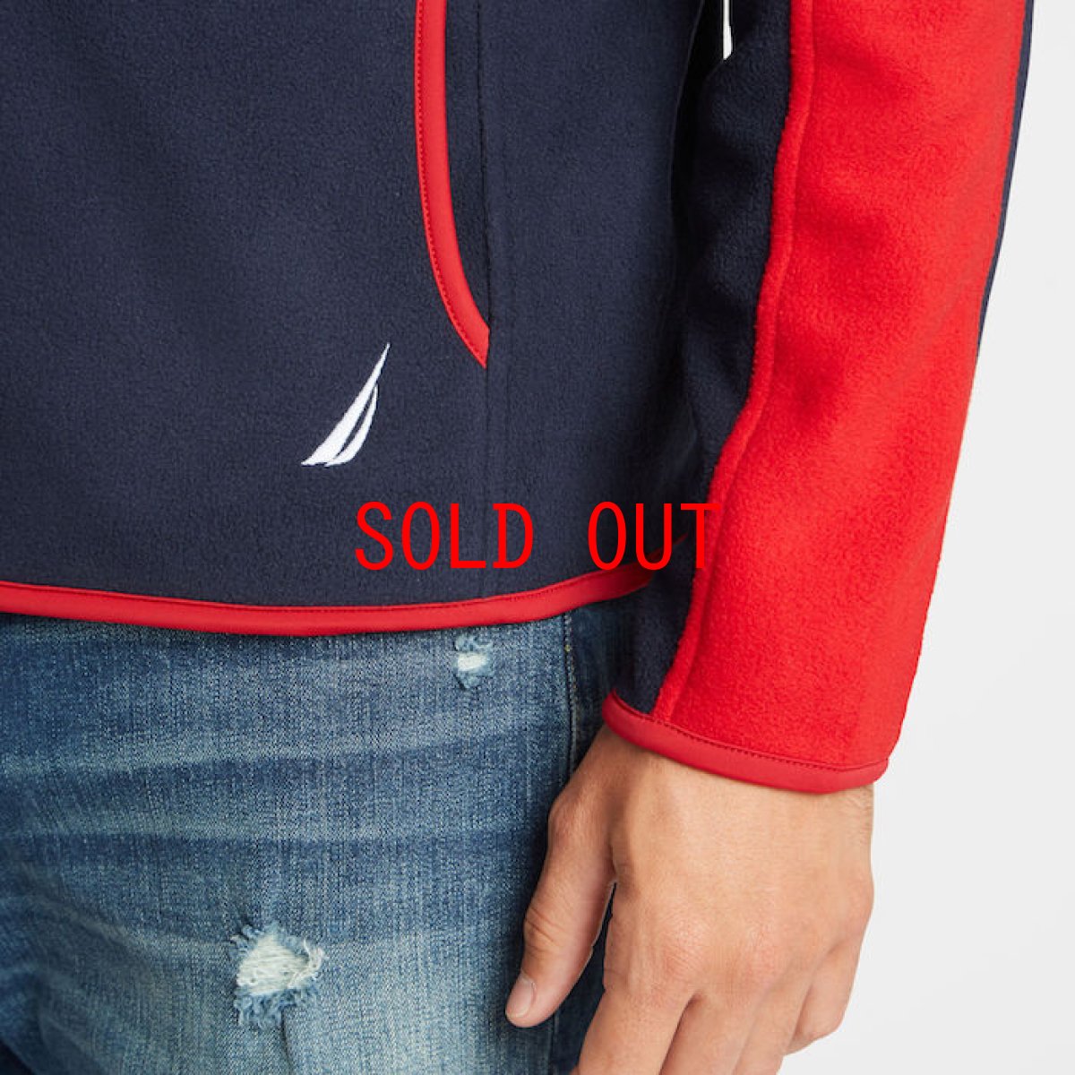 画像2: 1/4 Zip Logo Line Fleece Mock Neck Navy Red ワンポイント 袖ライン フリース (2)