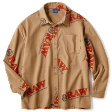 画像1: × Raw Logo Textile Work L/S Shirts Lt Brown ワーク シャツ 長袖 ローリング ペーパー RAWペーパー 総柄 コラボレーション  (1)