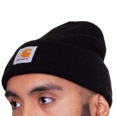 画像1: Short Watch Hat Beanie Logo Patch Knit Cap ショート ビーニー ロゴ Black (1)