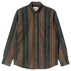 画像2: Maynard Stripe L/S Acid Wash Shirt ストライプ 長袖 シャツ アシッド ウォッシュ Tawny Brown Dark Navy (2)