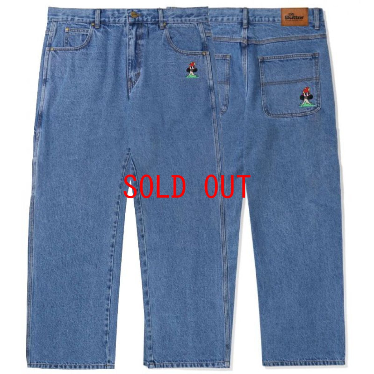 画像2: Mushroom Denim Pants マッシュルーム デニム 刺繍 ルーズフィット パンツ Washed Indigo (2)