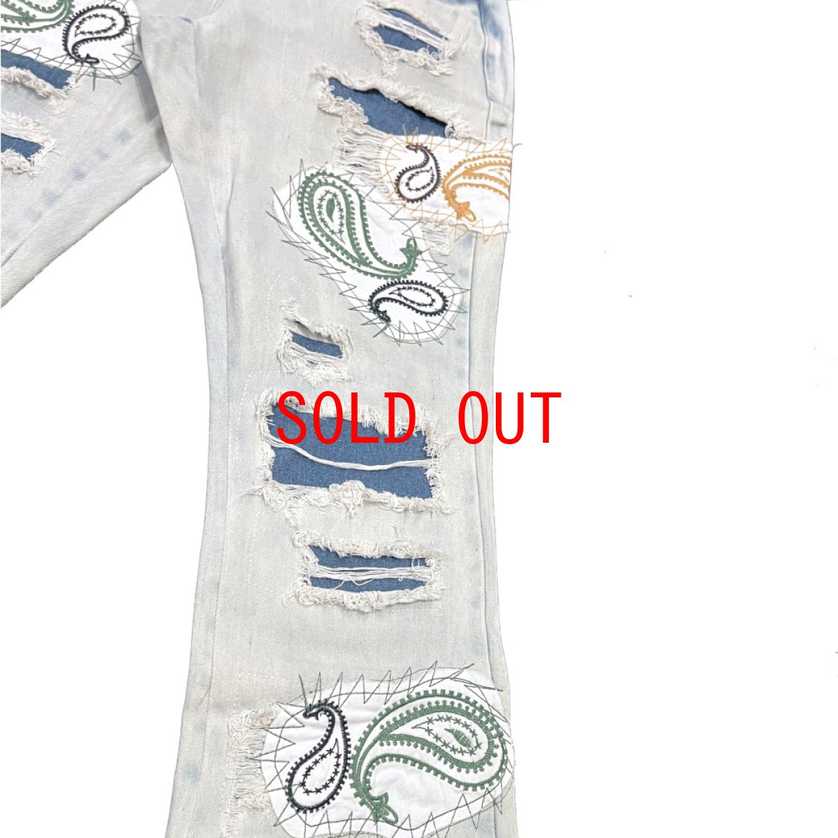 画像13: Punk Paisley Patchwork Flare Denim Pants ペイズリー パッチワーク カスタム デニム フレア パンツ (13)