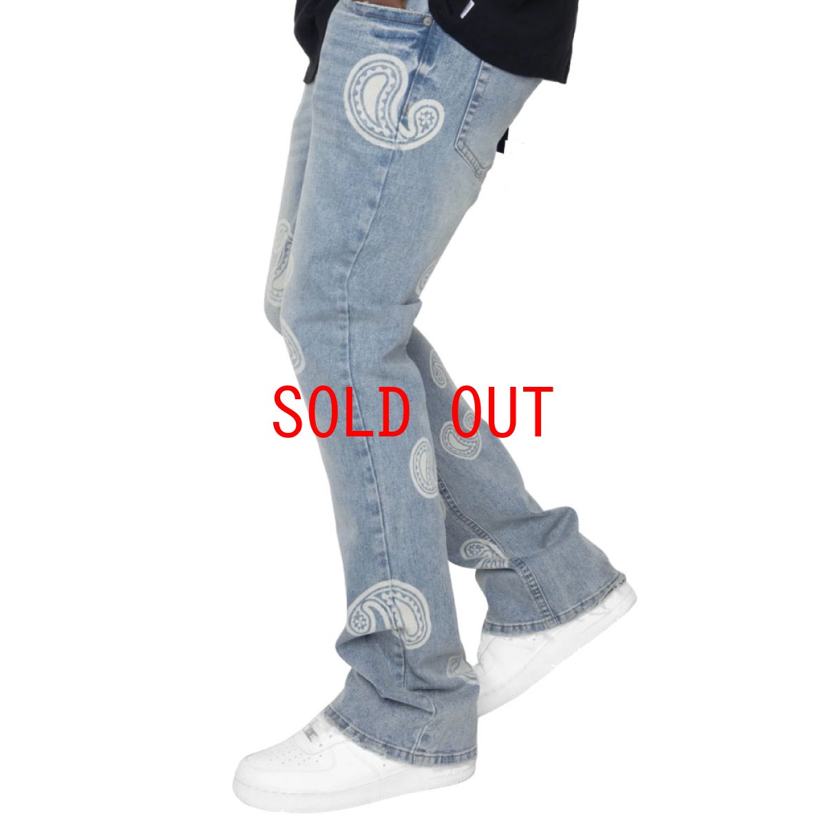 画像4: Bleached Paisley Flare Blue Denim Pants ペイズリー デニム フレア パンツ (4)