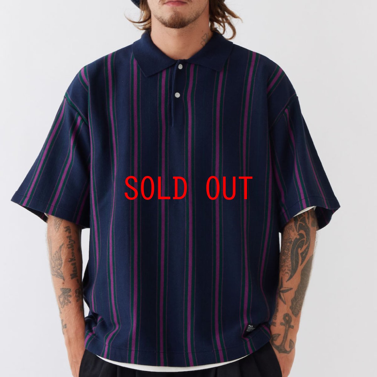 画像1: PINGAUGE S/S Knit Polo Shirt NVY 半袖 ストライプ ニット ポロ シャツ (1)