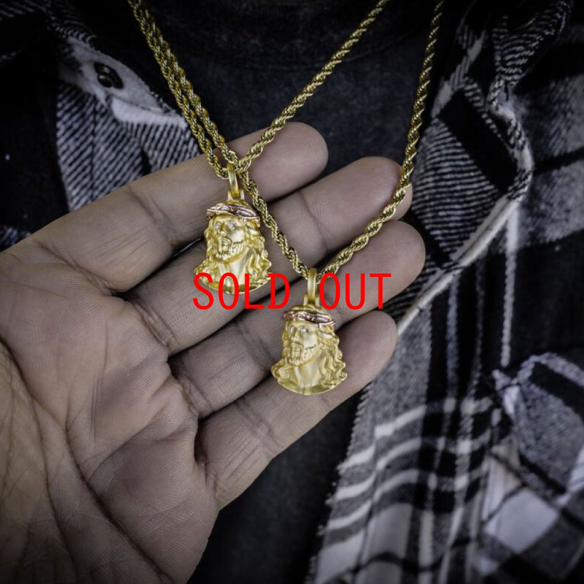 画像1: Golden Gilt Matte Mini Jesus Piece Rope Chain Necklace GLD マット ミニ ジーザス ロープ チェーン ネックレス (1)