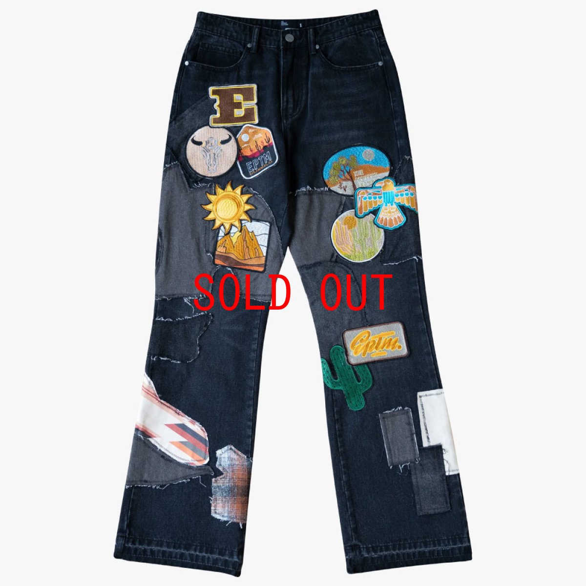 画像2: Patchwork Wappen Flare Denim Pants BLK パッチワーク ジーンズ ワッペン カスタム デニム フレア パンツ (2)