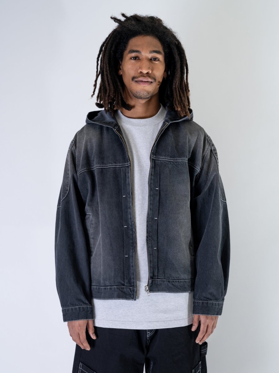 画像4: Mash Up Denim Hoodie BLK デニム ジップ フーディー (4)