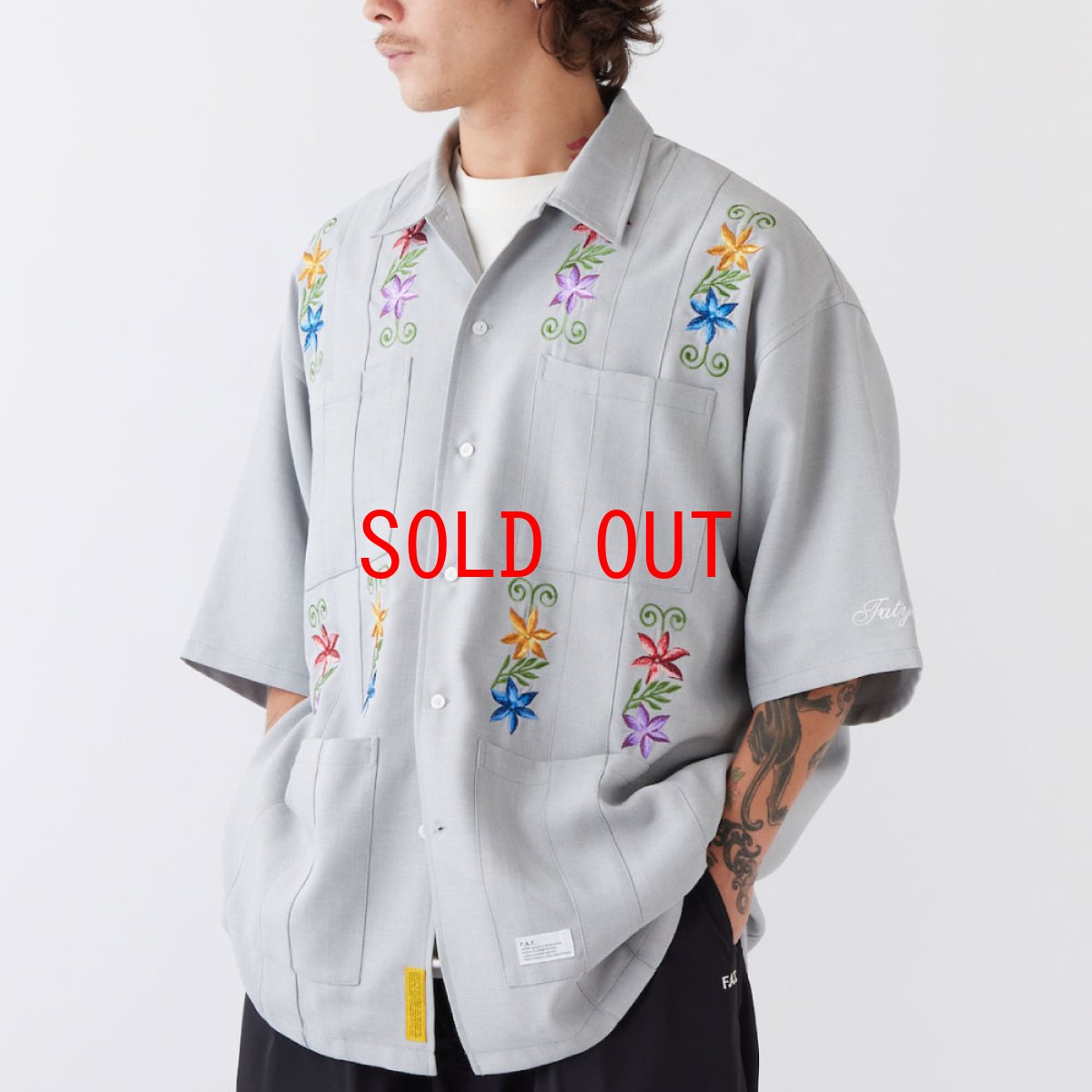 画像1: NEEDOWER S/S Cuba Shirts GRY 半袖 フラワー 刺繍 キューバ シャツ (1)