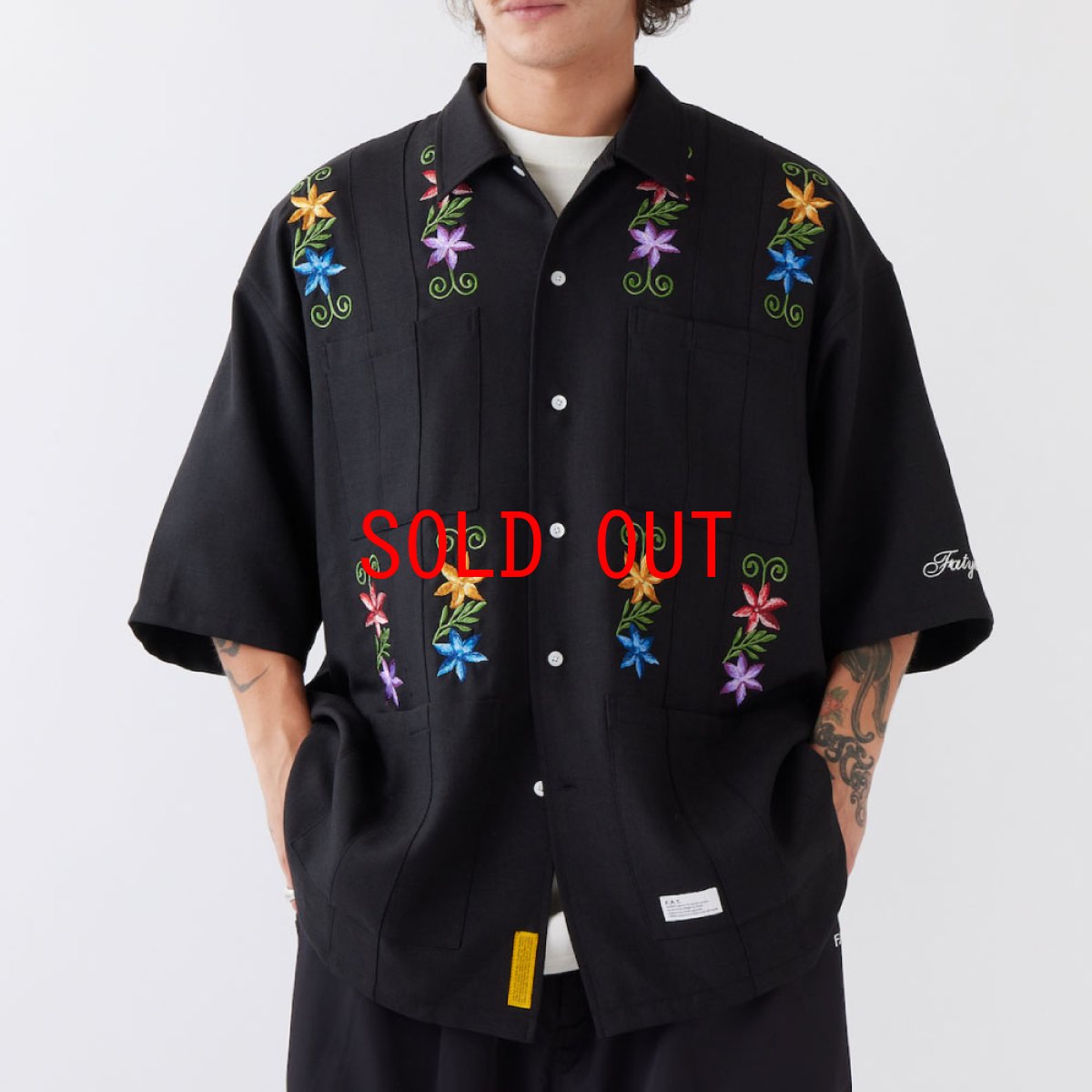 画像1: NEEDOWER S/S Cuba Shirts BLK 半袖 フラワー 刺繍 キューバ シャツ (1)