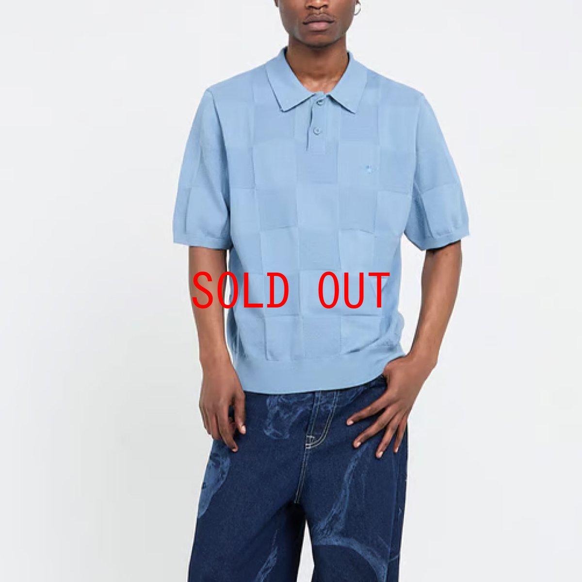画像1: Checker S/S Knit Polo Shirts Blue 半袖 チェッカー ニット ポロ シャツ (1)