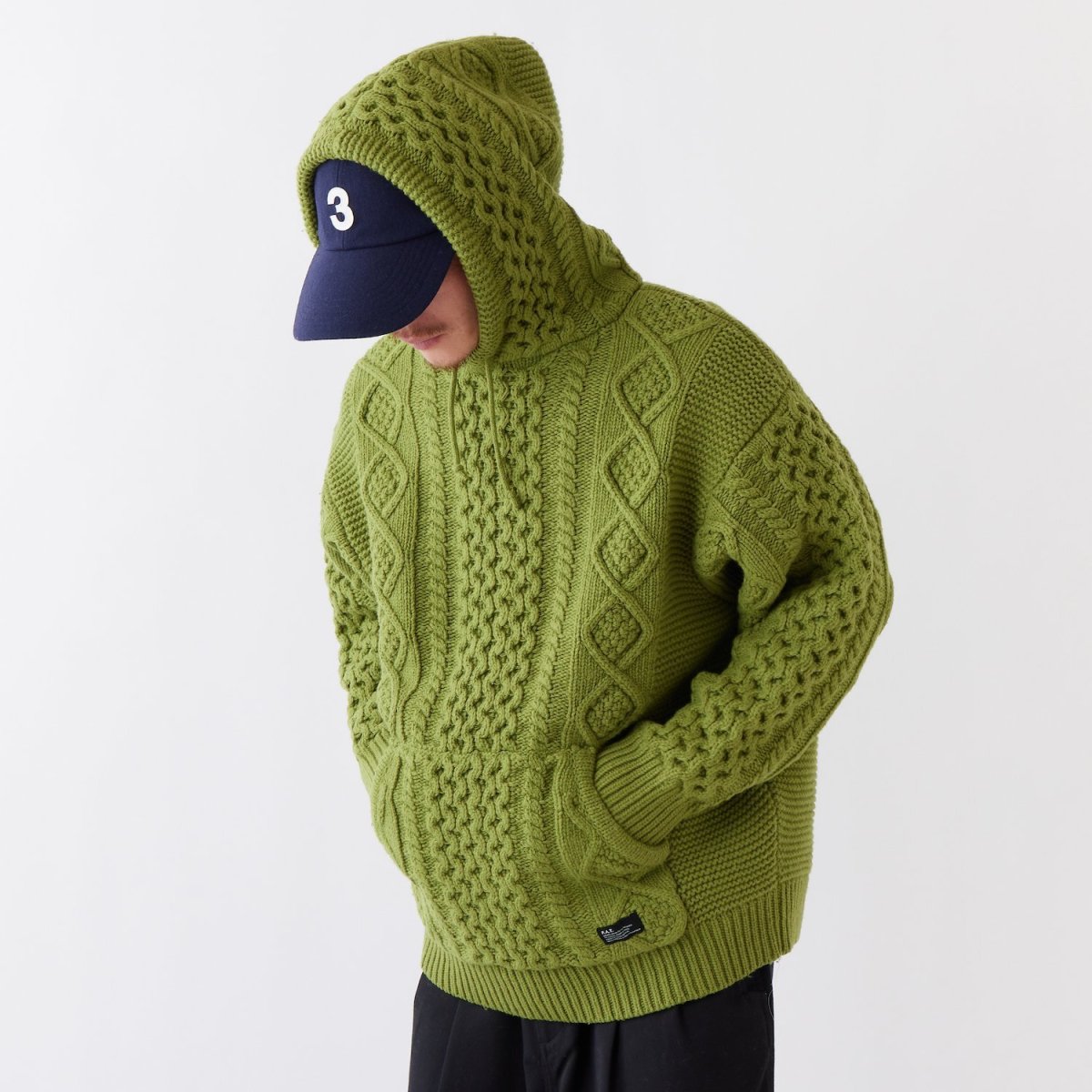 画像1: OVERAN Fisherman Knit Hoodie GRN 3ゲージ フィッシャーマン ニット フーディー (1)