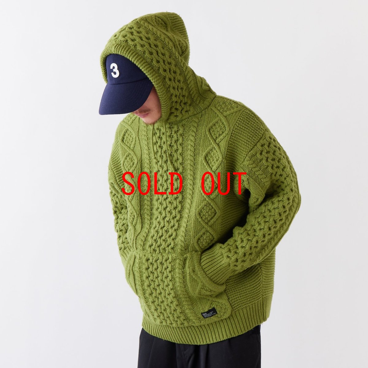 画像1: OVERAN Fisherman Knit Hoodie GRN 3ゲージ フィッシャーマン ニット フーディー (1)