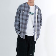 画像1: Nep Twill Check Band Collar Shirt Gray バンドカラー 長袖 チェック シャツ (1)