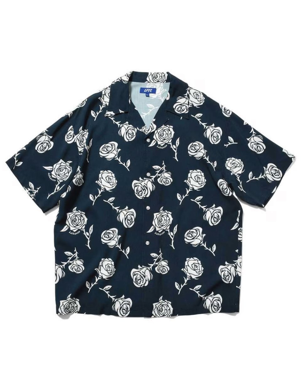 画像2: LFYT Rose Pattern Open Collar Shirt Navy ローズ オープンカラー シャツ 半袖シャツ  (2)