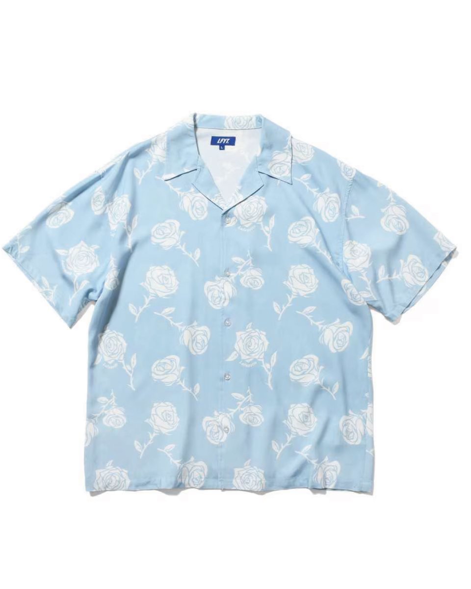 画像1: LFYT Rose Pattern Open Collar Shirt Light Blue ローズ オープンカラー シャツ 半袖シャツ  (1)