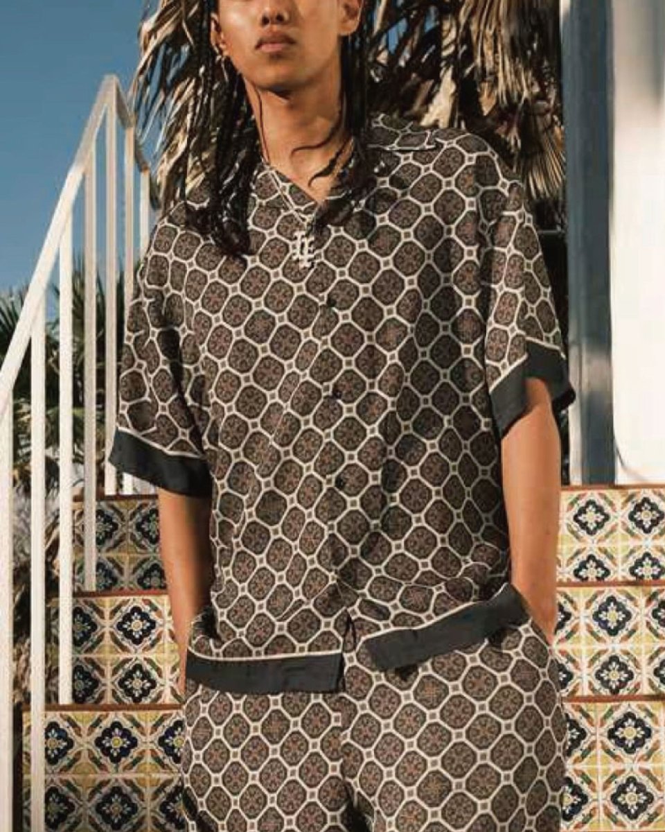 画像1: LFYT Arabesque Pattern Open Collar Shirt Navy 半袖 開襟シャツ (1)