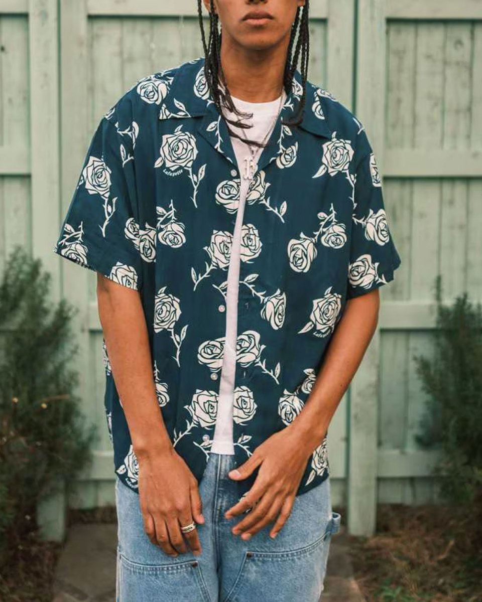 画像1: LFYT Rose Pattern Open Collar Shirt Navy ローズ オープンカラー シャツ 半袖シャツ  (1)