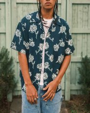 画像1: LFYT Rose Pattern Open Collar Shirt Navy ローズ オープンカラー シャツ 半袖シャツ  (1)
