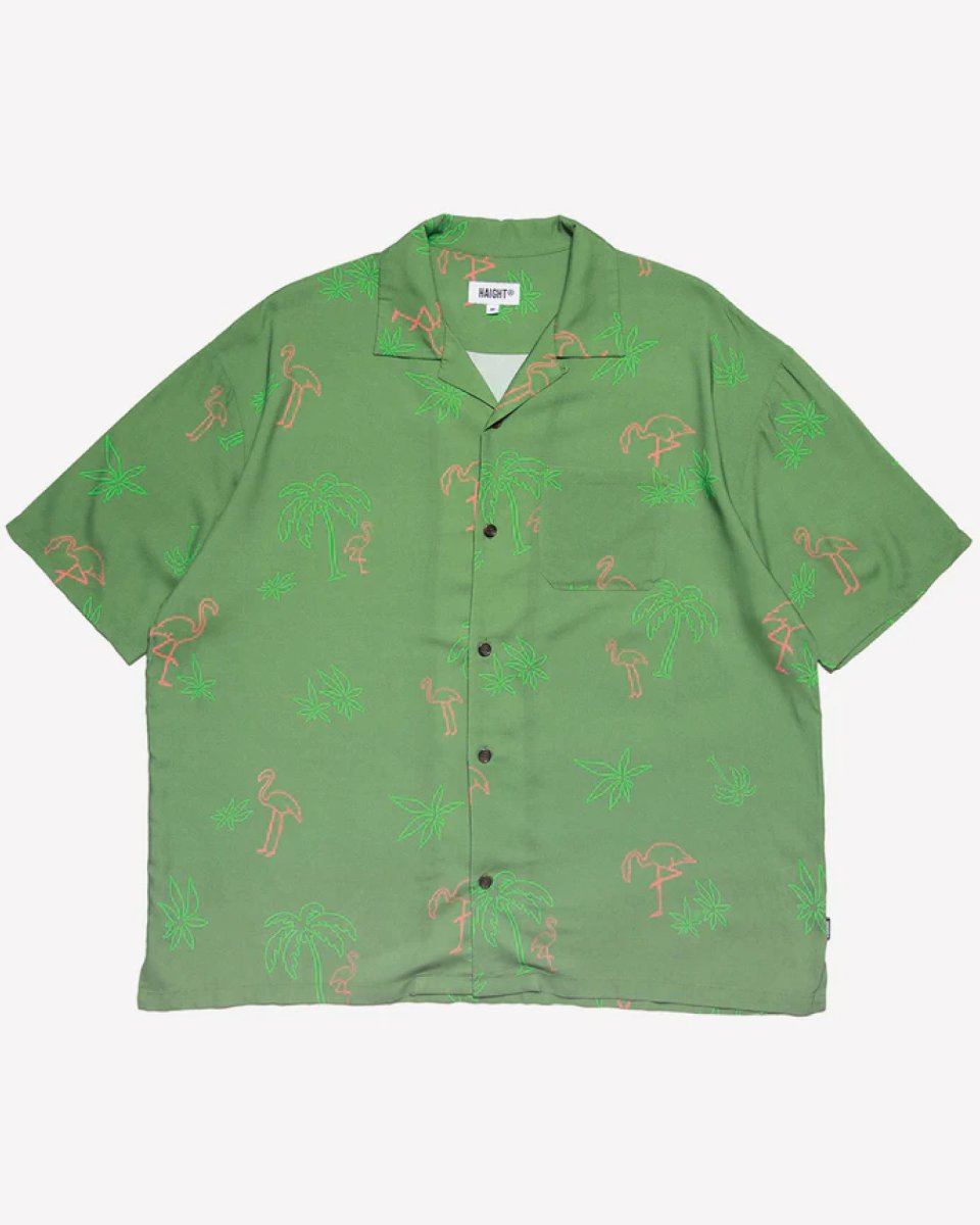 画像1: Haight LVC Neon Light Rayon Shirt Green ヘイト レーヨンシャツ 半袖 総柄 開襟 オープンカラーシャツ 沖縄 ストリートファッション (1)