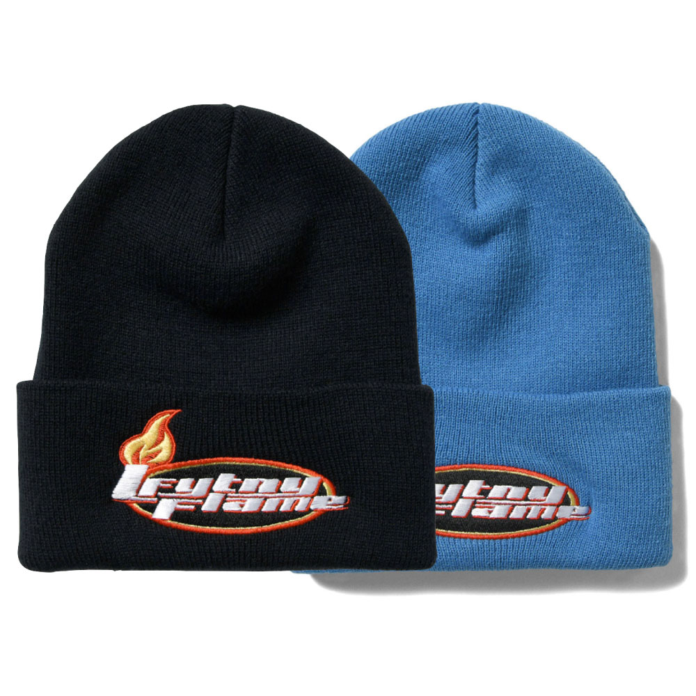 画像1: Flame Logo Long Beanie ニット キャップ ビーニー 帽子 Black Blue ブラック ブルー (1)
